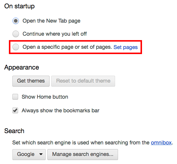google chrome open set of pages on startup